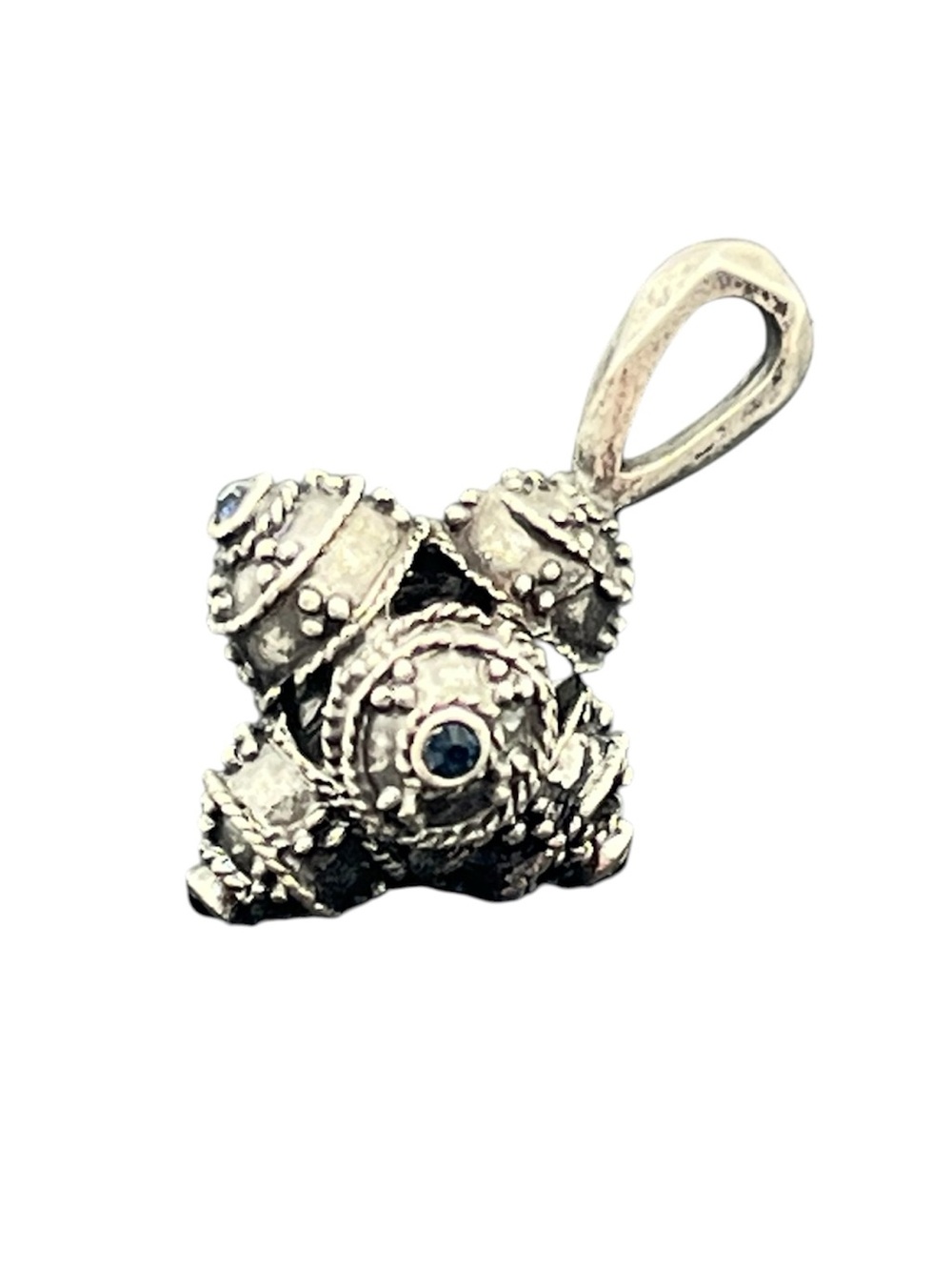 Silver tone blue rhinestone ornate tribal style orb pendant for necklace